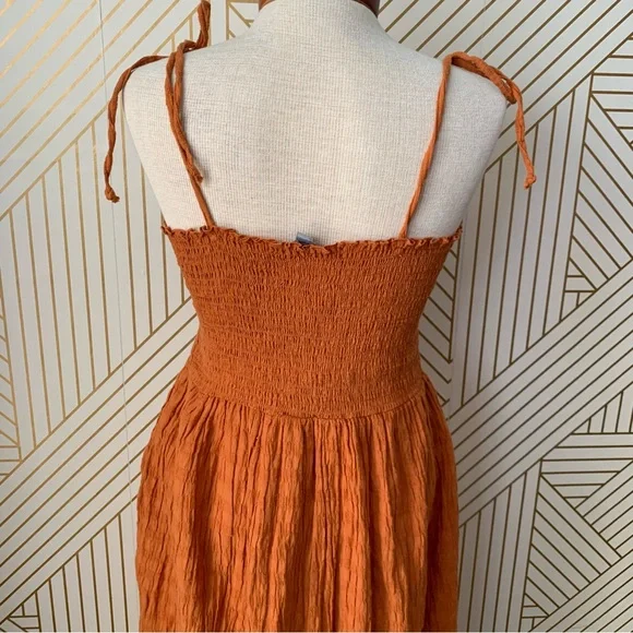 Aerie NWT Smocked Button front up Midi Dress crinkled cinched bow shoulder strap - Picture 6 of 9